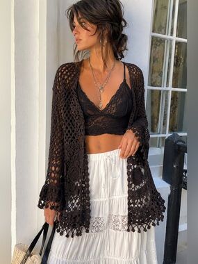ETCETERA Brown Crochet Open Knit Floral Boho Cardigan Festival Shrug L